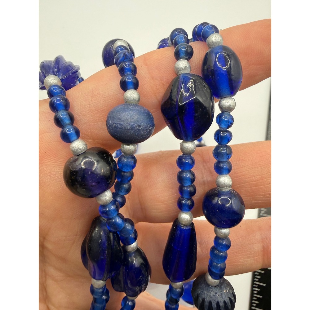 Vintage Cobalt Blue Glass Bead Long Strand Necklace Mixed Shapes Artisan Style